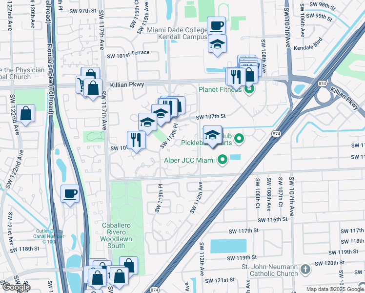 map of restaurants, bars, coffee shops, grocery stores, and more near 10925 Southwest 113th Place in Miami