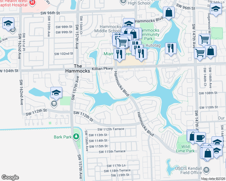 map of restaurants, bars, coffee shops, grocery stores, and more near 15330 Southwest 106th Terrace in Miami