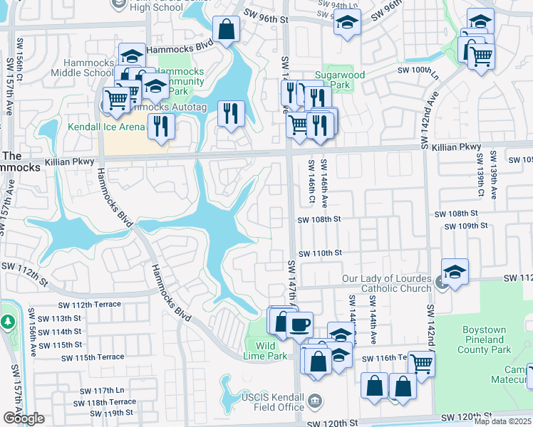 map of restaurants, bars, coffee shops, grocery stores, and more near 10815 Southwest 148th Court in Miami