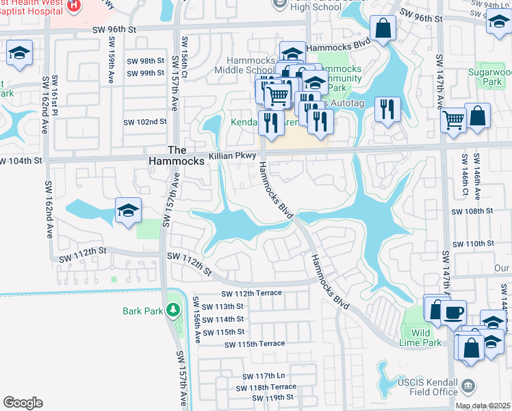 map of restaurants, bars, coffee shops, grocery stores, and more near 15330 Southwest 106th Terrace in Miami