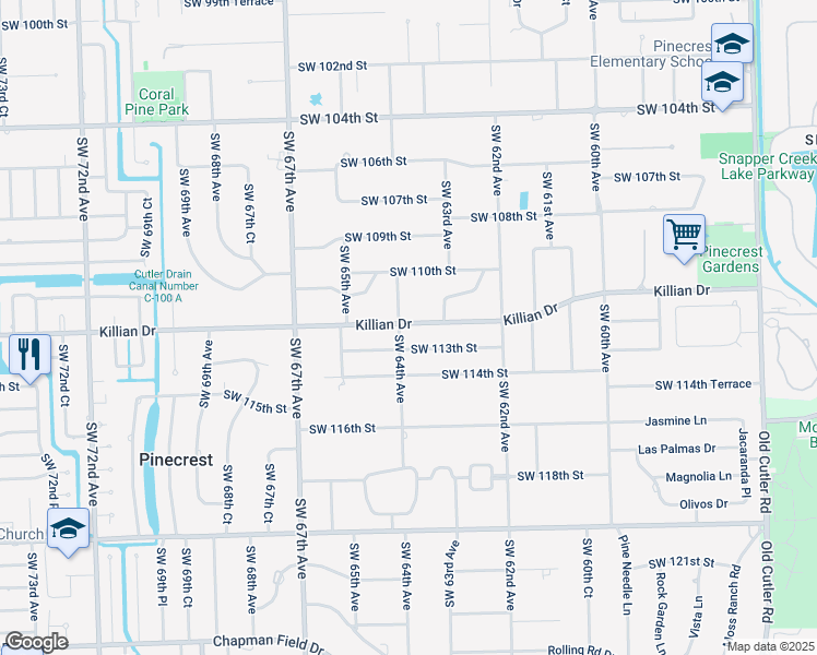 map of restaurants, bars, coffee shops, grocery stores, and more near 11275 Southwest 64th Avenue in Miami