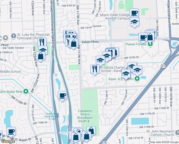 map of restaurants, bars, coffee shops, grocery stores, and more near 11522 Southwest 109th Road in Miami