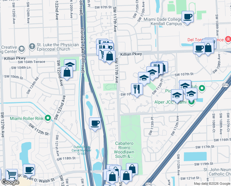 map of restaurants, bars, coffee shops, grocery stores, and more near in Kendall