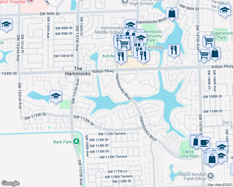 map of restaurants, bars, coffee shops, grocery stores, and more near 341 Southwest 107th Lane in Miami