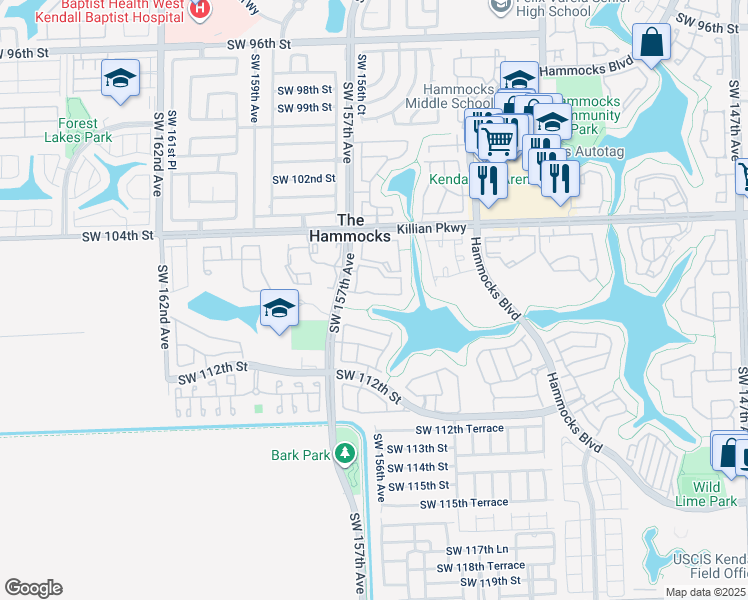 map of restaurants, bars, coffee shops, grocery stores, and more near 15600 Southwest 106th Lane in Miami