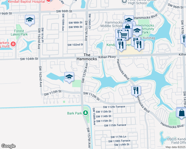 map of restaurants, bars, coffee shops, grocery stores, and more near 15600 Southwest 106th Lane in Miami