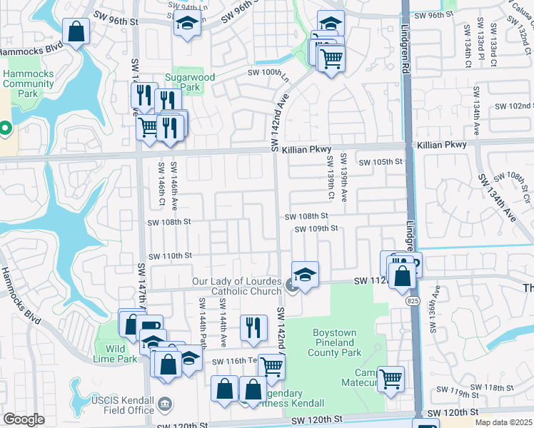 map of restaurants, bars, coffee shops, grocery stores, and more near 10812 Southwest 142nd Court in Miami