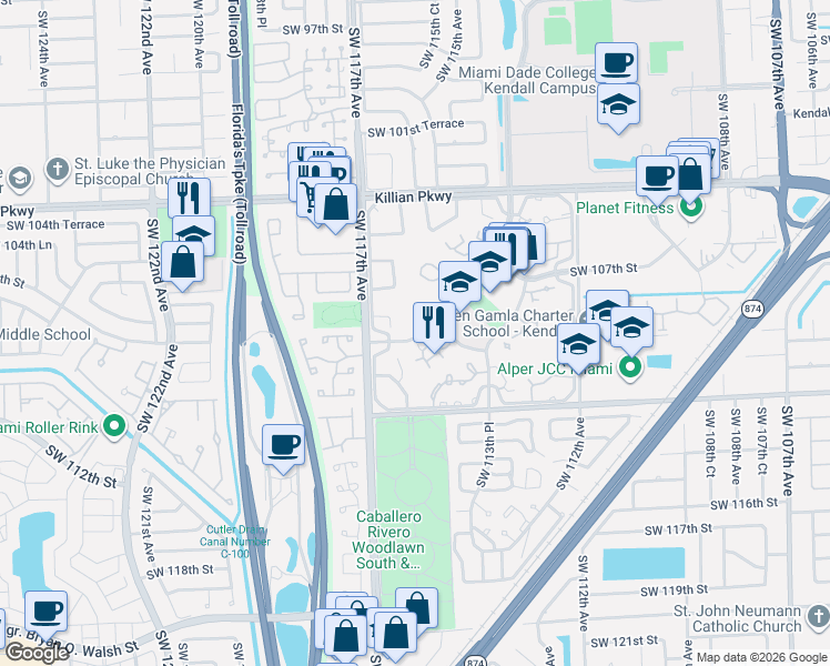 map of restaurants, bars, coffee shops, grocery stores, and more near 11538 Southwest 109th Road in Miami