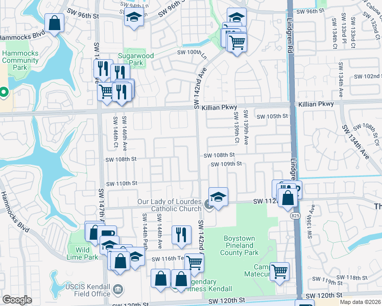 map of restaurants, bars, coffee shops, grocery stores, and more near 10812 Southwest 142nd Court in Miami