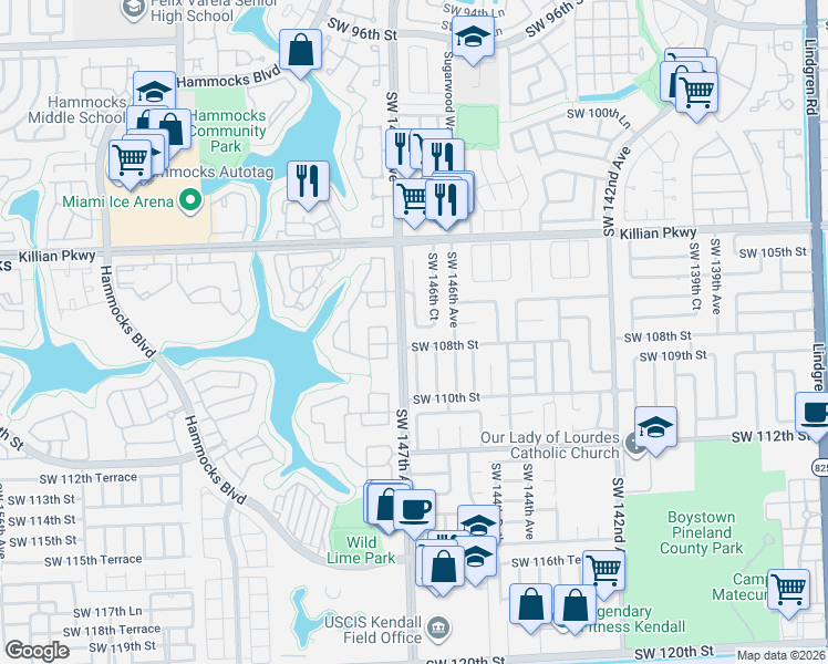 map of restaurants, bars, coffee shops, grocery stores, and more near 10802 Southwest 146th Court in Miami