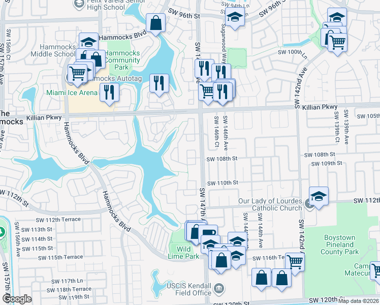 map of restaurants, bars, coffee shops, grocery stores, and more near 10812 Southwest 147th Court in Miami
