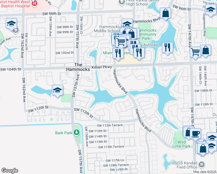 map of restaurants, bars, coffee shops, grocery stores, and more near 15330 Southwest 106th Terrace in Miami
