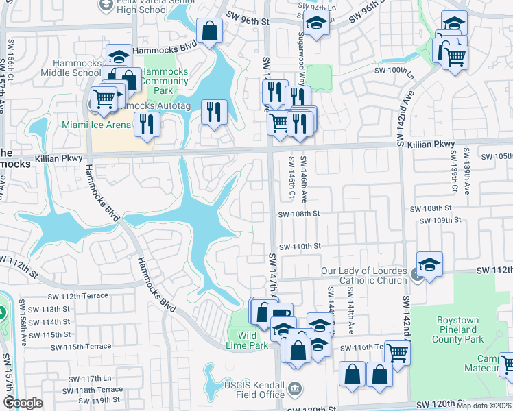 map of restaurants, bars, coffee shops, grocery stores, and more near 10812 Southwest 147th Court in Miami