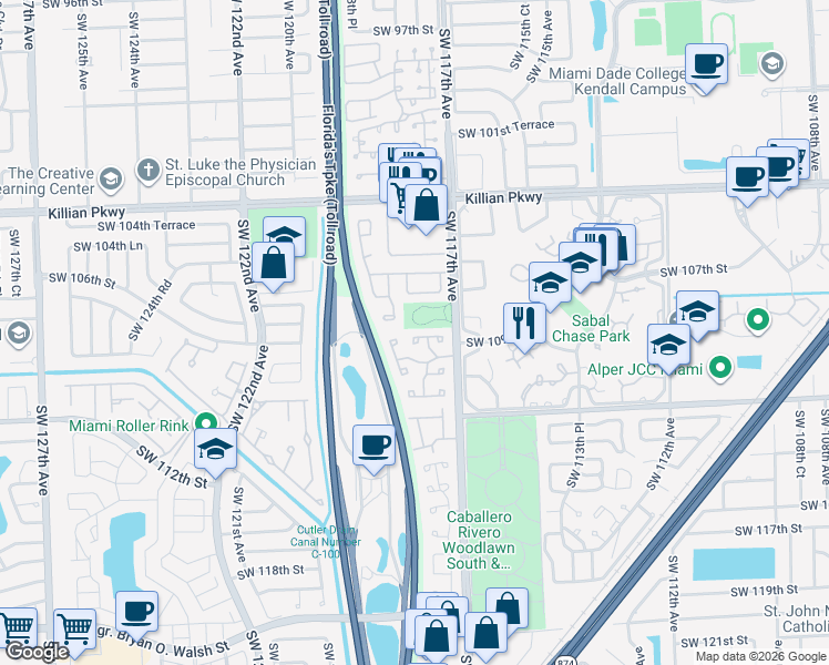 map of restaurants, bars, coffee shops, grocery stores, and more near 11758 Southwest 108th Lane in Miami