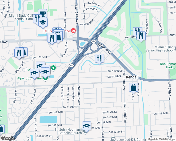 map of restaurants, bars, coffee shops, grocery stores, and more near 10950 Southwest 105th Avenue in Miami