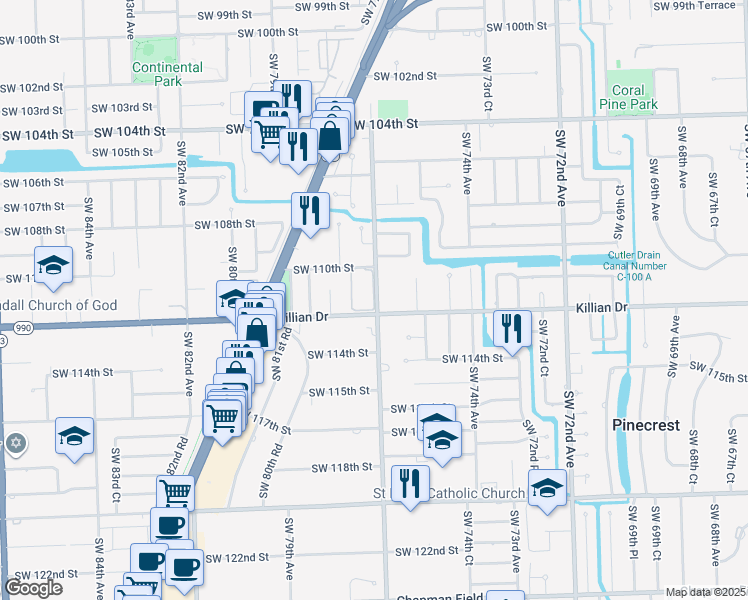 map of restaurants, bars, coffee shops, grocery stores, and more near 11029 Southwest 77th Court Circle in Pinecrest