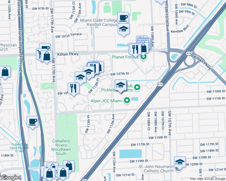 map of restaurants, bars, coffee shops, grocery stores, and more near 11004 Southwest 112th Avenue in Miami
