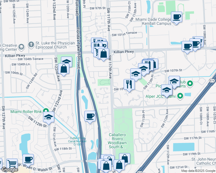 map of restaurants, bars, coffee shops, grocery stores, and more near 11758 Southwest 108th Lane in Miami