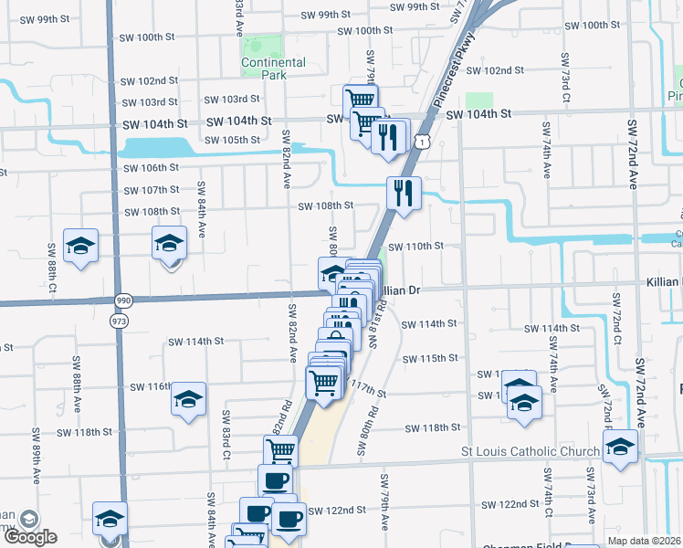 map of restaurants, bars, coffee shops, grocery stores, and more near 8001 Southwest 112th Street in Miami