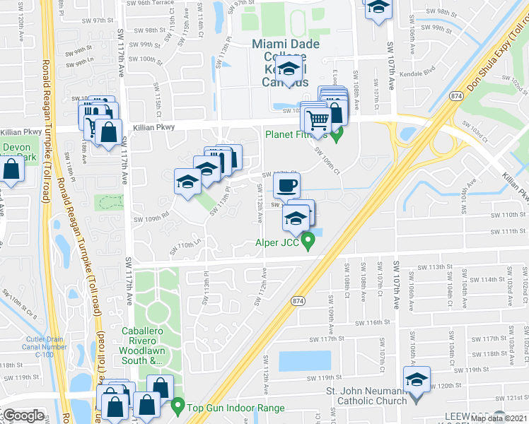 map of restaurants, bars, coffee shops, grocery stores, and more near 11004 Southwest 112th Avenue in Miami
