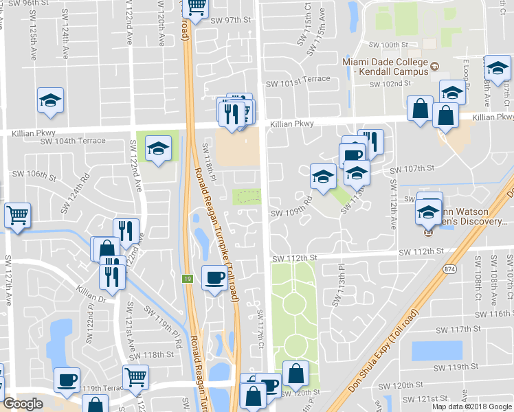 map of restaurants, bars, coffee shops, grocery stores, and more near 11758 Southwest 108th Lane in Miami