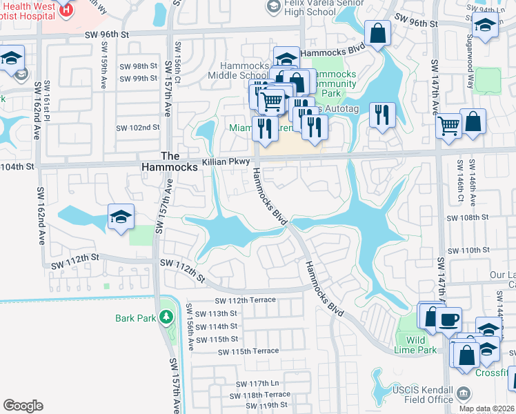 map of restaurants, bars, coffee shops, grocery stores, and more near 341 Southwest 107th Lane in Miami