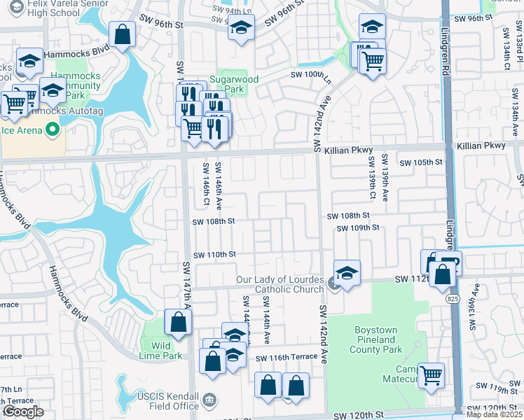 map of restaurants, bars, coffee shops, grocery stores, and more near 10623 Southwest 145th Avenue in Miami