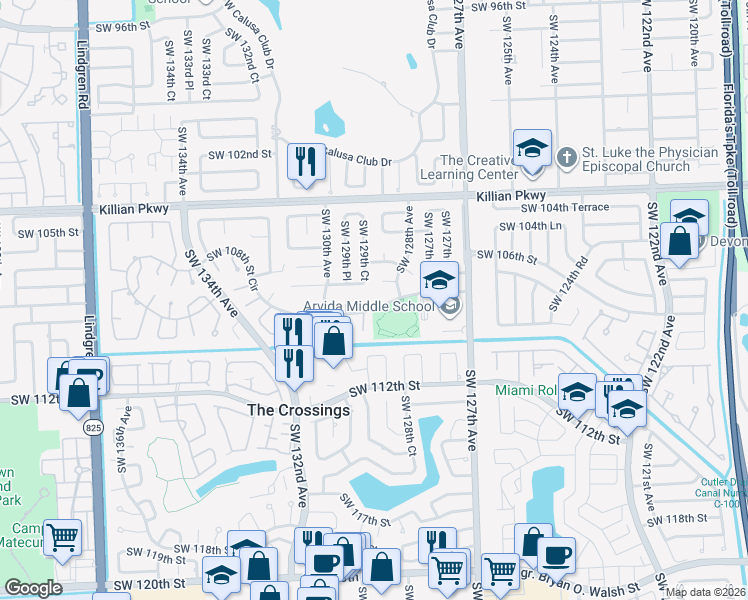 map of restaurants, bars, coffee shops, grocery stores, and more near 10740 Southwest 129th Court in Miami