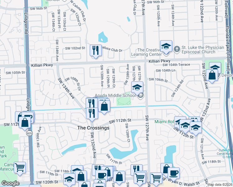 map of restaurants, bars, coffee shops, grocery stores, and more near 10740 Southwest 129th Court in Miami