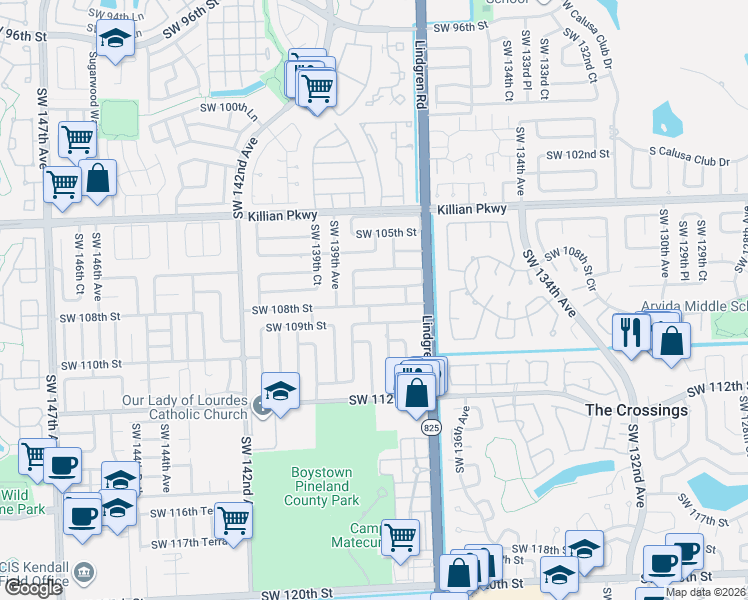 map of restaurants, bars, coffee shops, grocery stores, and more near 13755 Southwest 107th Terrace in Miami