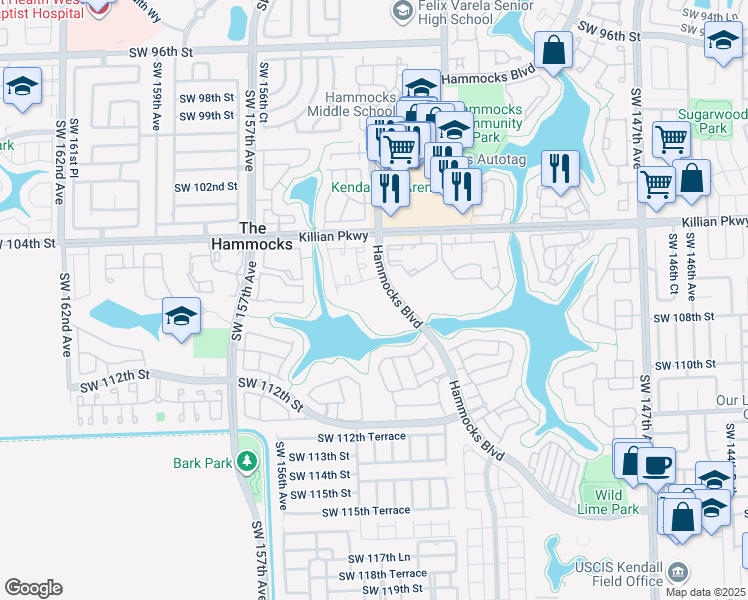 map of restaurants, bars, coffee shops, grocery stores, and more near 29 Southwest 106th Terrace in Miami