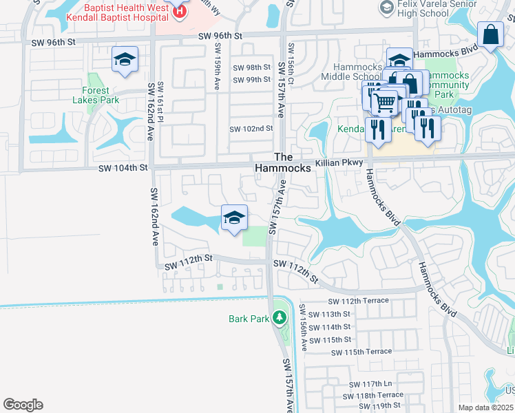 map of restaurants, bars, coffee shops, grocery stores, and more near 10610 Southwest 158th Court in Miami