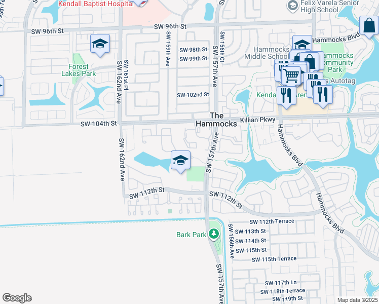 map of restaurants, bars, coffee shops, grocery stores, and more near 10610 Southwest 158th Court in Miami
