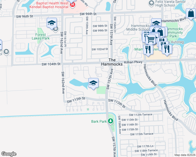 map of restaurants, bars, coffee shops, grocery stores, and more near 10610 Southwest 158th Court in Miami
