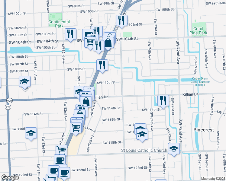map of restaurants, bars, coffee shops, grocery stores, and more near 7790 Southwest 110th Street in Miami