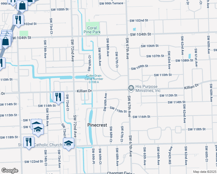 map of restaurants, bars, coffee shops, grocery stores, and more near 11030 Southwest 69th Avenue in Pinecrest