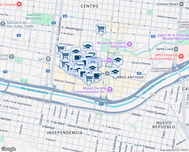 map of restaurants, bars, coffee shops, grocery stores, and more near 850 Paras in Monterrey