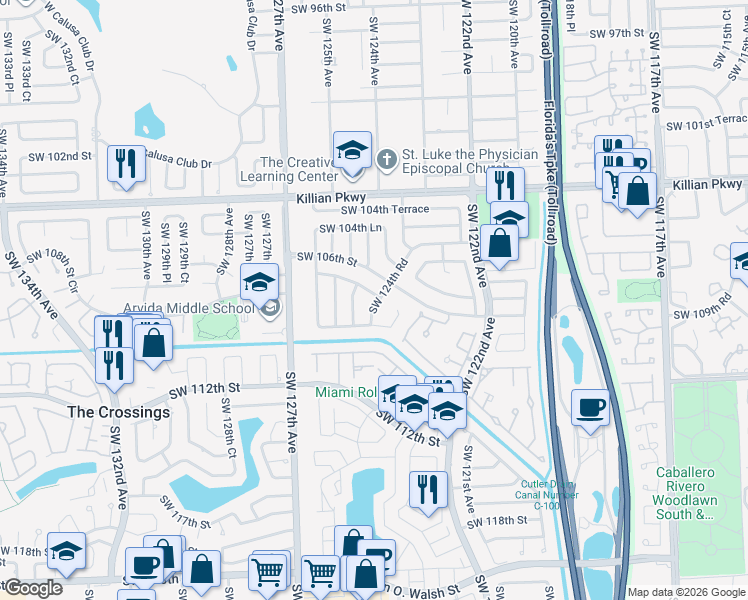 map of restaurants, bars, coffee shops, grocery stores, and more near 12410 Southwest 106th Terrace in Miami