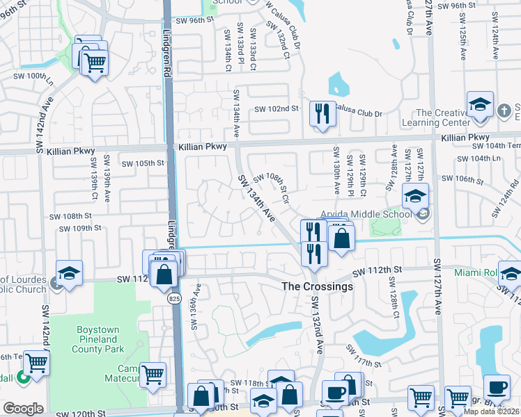 map of restaurants, bars, coffee shops, grocery stores, and more near 13404 Southwest 108th Street Circle in Miami