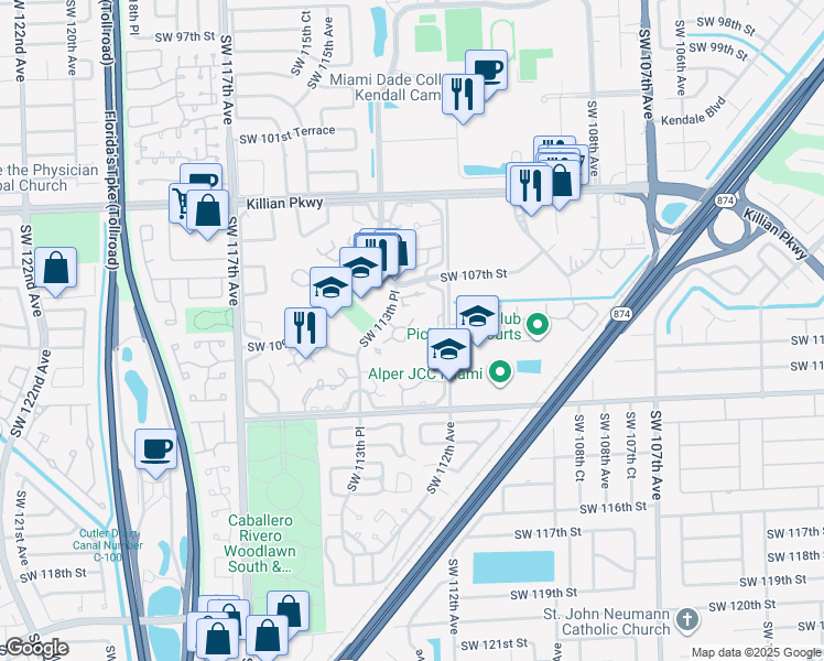 map of restaurants, bars, coffee shops, grocery stores, and more near 10735 Southwest 113th Place in Miami