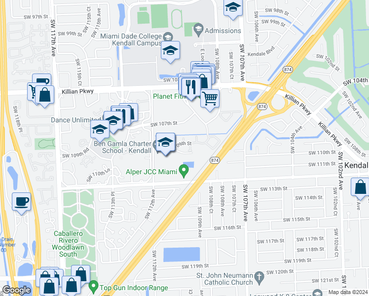 map of restaurants, bars, coffee shops, grocery stores, and more near 10825 Southwest 112th Avenue in Miami