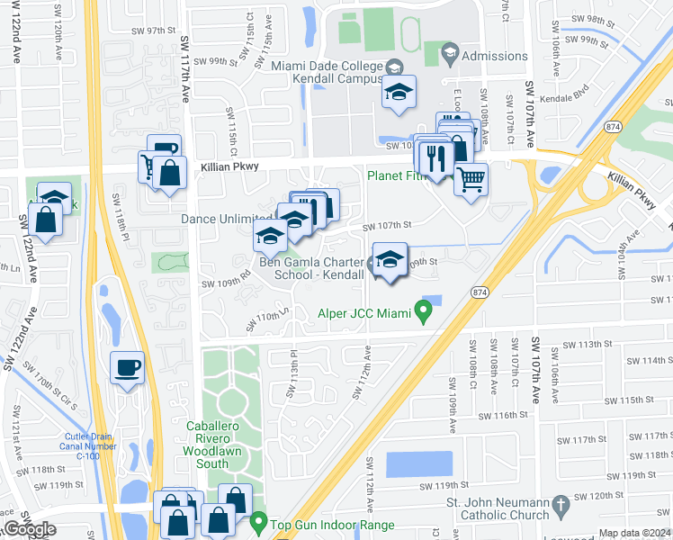 map of restaurants, bars, coffee shops, grocery stores, and more near 10735 Southwest 113th Place in Miami
