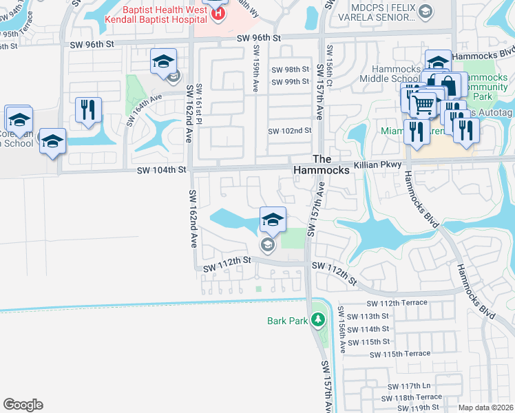 map of restaurants, bars, coffee shops, grocery stores, and more near 10530 Southwest 159th Court in Miami