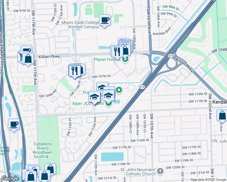 map of restaurants, bars, coffee shops, grocery stores, and more near 10835 Southwest 112th Avenue in Miami