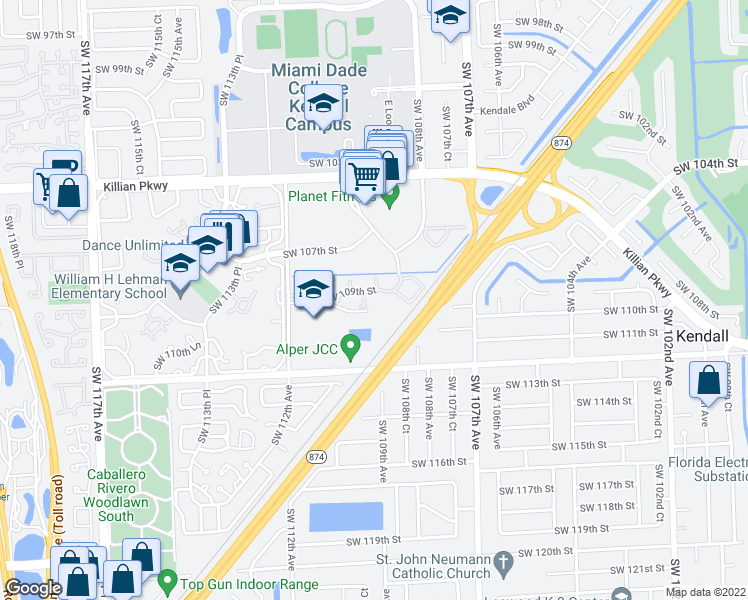 map of restaurants, bars, coffee shops, grocery stores, and more near 10865 Southwest 112nd Avenue in Miami