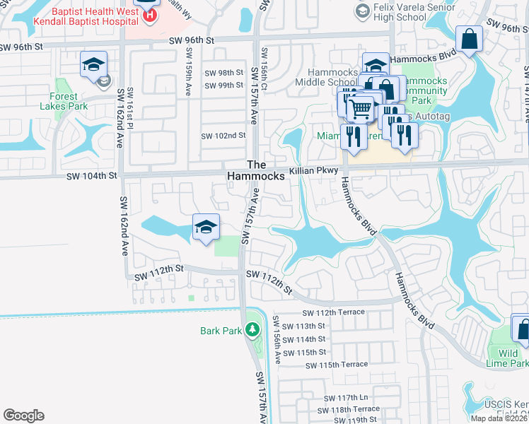 map of restaurants, bars, coffee shops, grocery stores, and more near 105 Southwest 105th Terrace in Miami