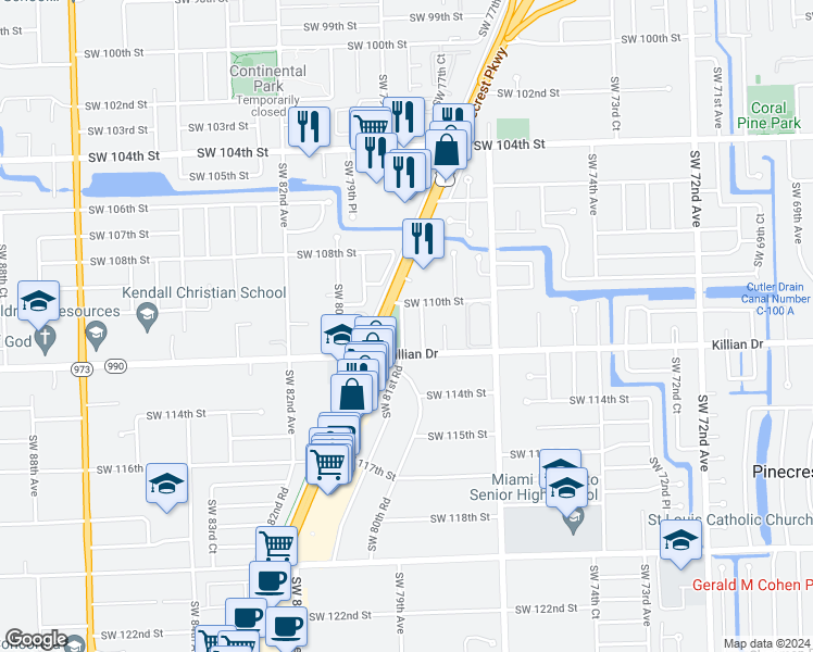 map of restaurants, bars, coffee shops, grocery stores, and more near 11011 Southwest 79th Avenue in Miami