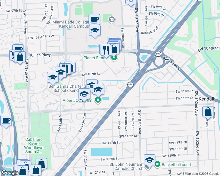 map of restaurants, bars, coffee shops, grocery stores, and more near 10865 Southwest 112nd Avenue in Miami
