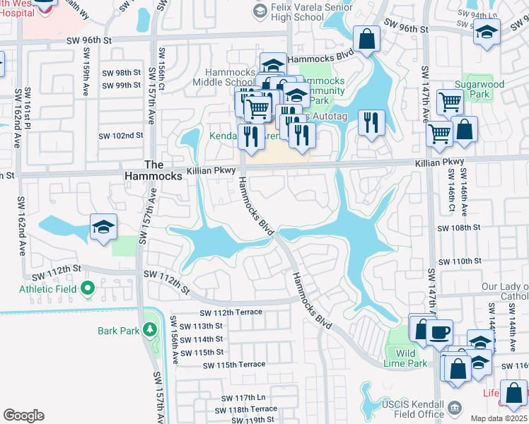 map of restaurants, bars, coffee shops, grocery stores, and more near 10613 Southwest 110th Street in Miami