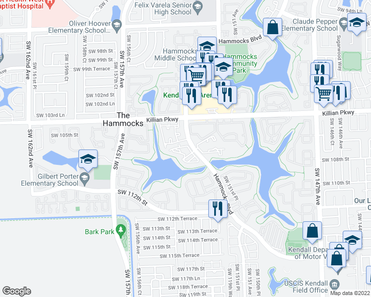 map of restaurants, bars, coffee shops, grocery stores, and more near 29 Southwest 106th Terrace in Miami